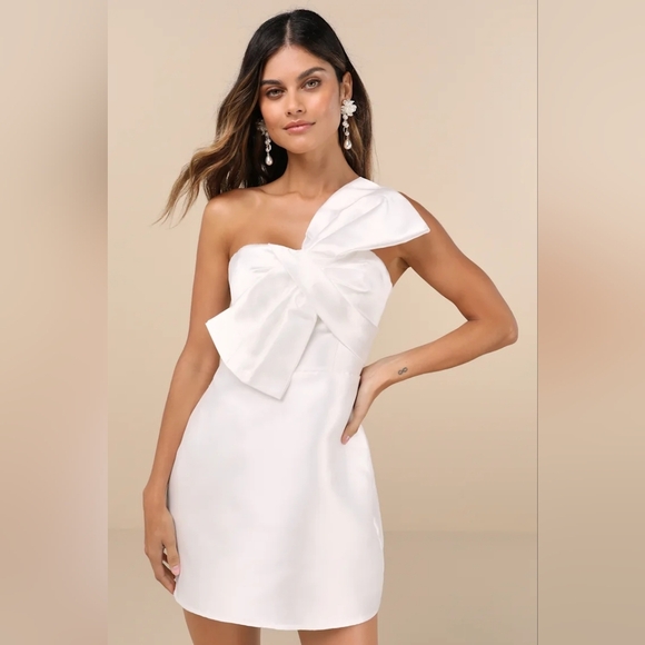 Lulus Utterly Pretty White Bow One-Shoulder Mini Dress with Pockets XL Wedding - Picture 2 of 9